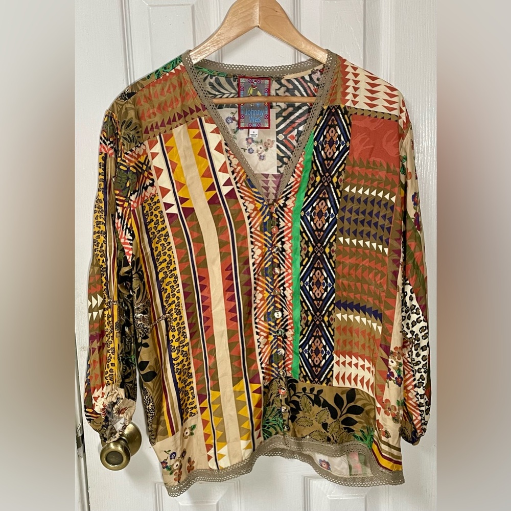 Johnny Was Blouse Shirt Top Size Small Fria Patchwork Boho Colorful Buttons - Picture 2 of 8